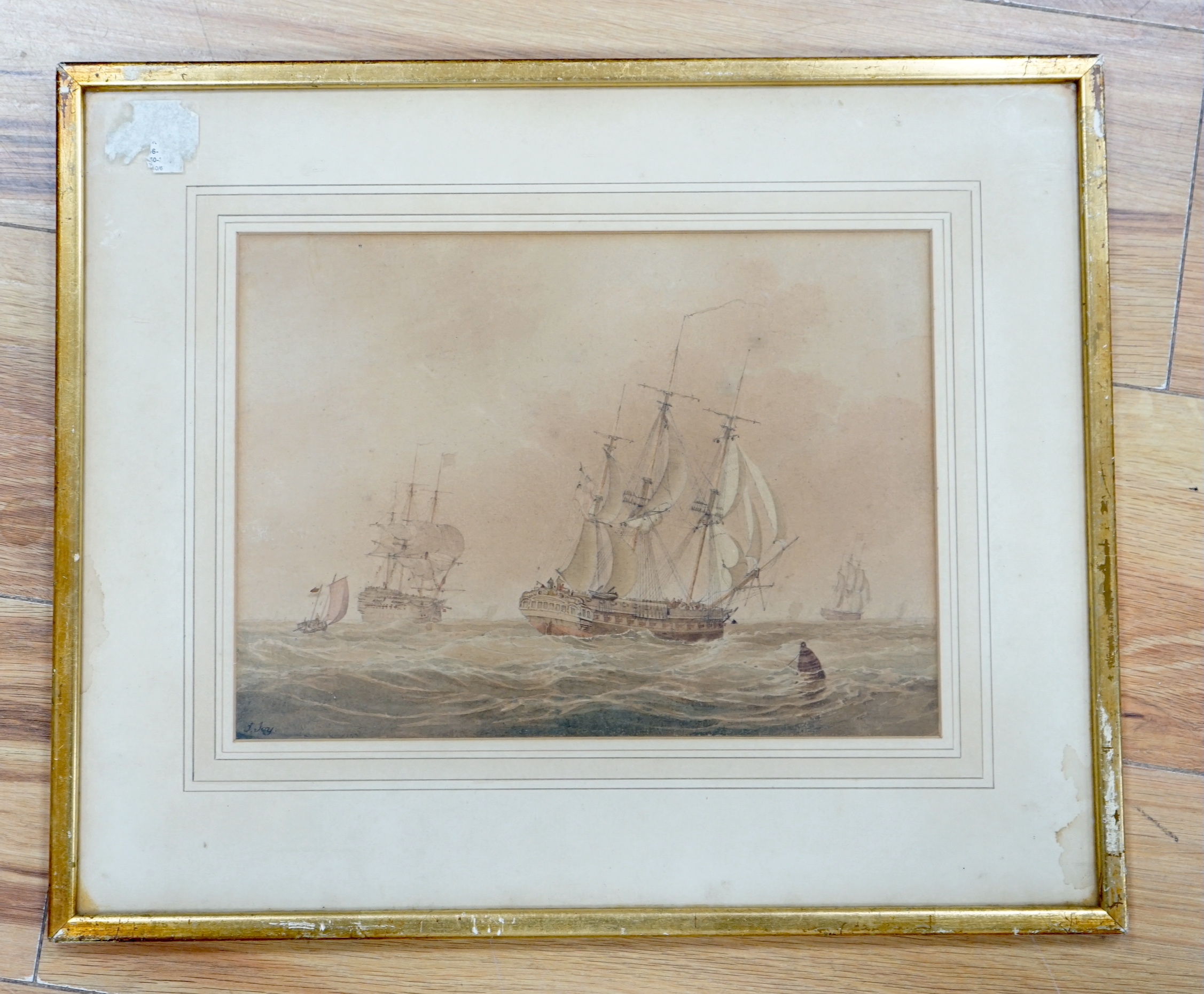 John Cantiloe Joy (1806-1866), watercolour, Shipping at sea, signed, 21 x 29cm